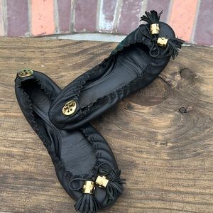 TORY BURCH REESE TASSEL GOLD BALLET FLATS